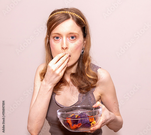 Young woman holding coliorful chips in glass bowl and treating herself