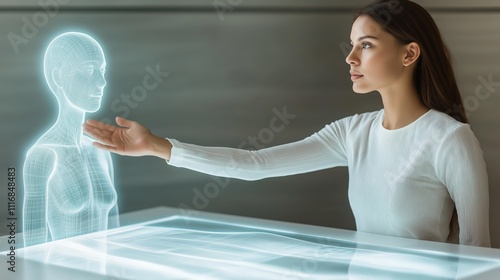 A woman interacts with a futuristic AI hologram display, symbolizing the advancement of virtual technologies and artificial intelligence for communication photo