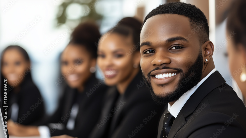 Smiling Man in Suit Participating in Meeting With Colleagues in Modern Office Smiling Man in Suit Participating in Meeting With Colleagues in Modern Office