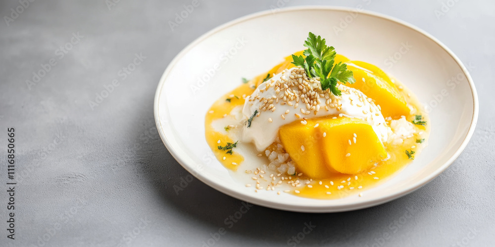 A vibrant Thai mango sticky rice dessert, with sweet ripe mango slices, sticky glutinous rice, and creamy coconut sauce, garnished with sesame seeds on a white ceramic plate. The dish looks tropical A vibrant Thai mango sticky rice dessert, with sweet ripe mango slices, sticky glutinous rice, and creamy coconut sauce, garnished with sesame seeds on a white ceramic plate. The dish looks tropical
