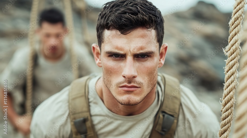 Military army man strength uniform valor concept. Determined Man Overcoming Training Challenges Military army man strength uniform valor concept. Determined Man Overcoming Training Challenges