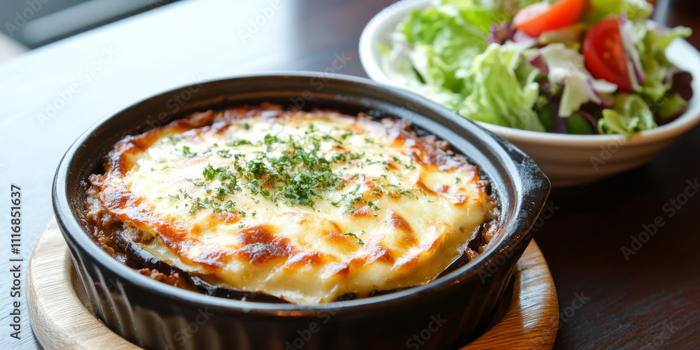 A traditional Greek moussaka, with layers of eggplant, ground meat, and béchamel sauce, baked to golden perfection, served with a side of fresh Greek salad. The dish looks rich and comforting. A traditional Greek moussaka, with layers of eggplant, ground meat, and béchamel sauce, baked to golden perfection, served with a side of fresh Greek salad. The dish looks rich and comforting.