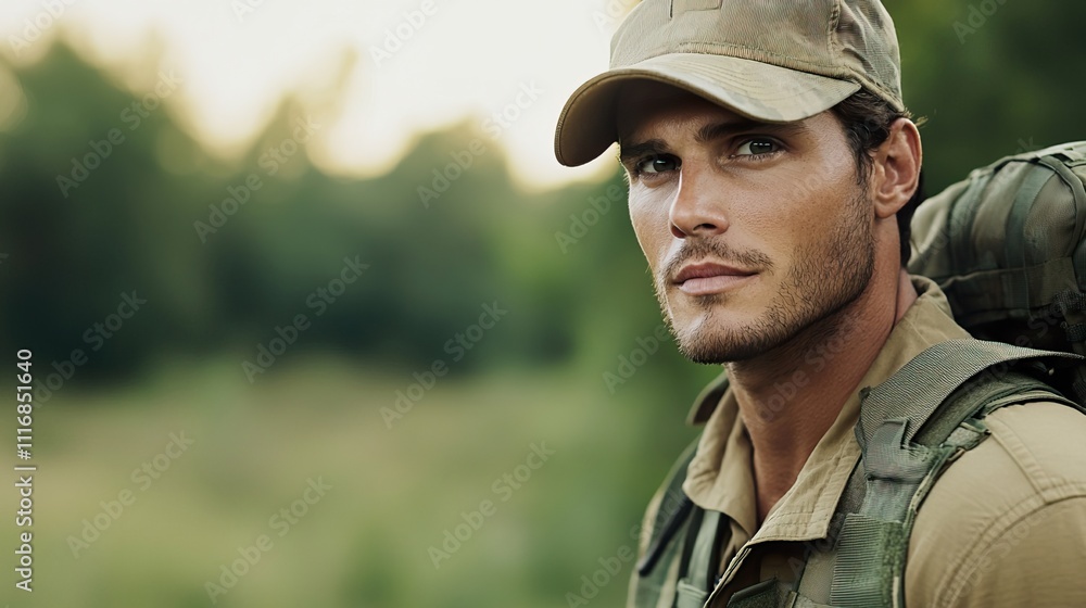 Fototapeta premium Military army man strength uniform valor concept. Intense Training of a Determined Man in Nature
