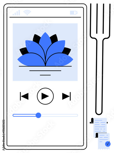 Digital screen displaying a lotus flower with a play button and media controls next to a fork and a checklist. Ideal for wellness, meditation apps, digital productivity, relaxation, balance, healthy