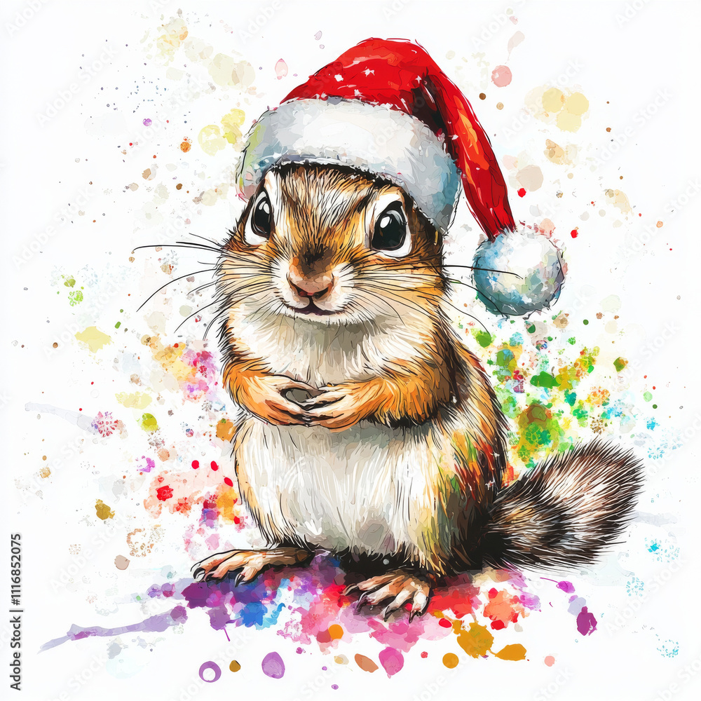 A curious chipmunk in a Santa hat sits amidst colorful splashes and shimmering snowflakes, bringing playful energy to the holidays. On white background. Illustration. A curious chipmunk in a Santa hat sits amidst colorful splashes and shimmering snowflakes, bringing playful energy to the holidays. On white background. Illustration.