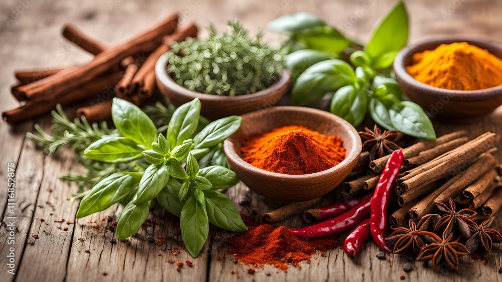 Aromatic spices and herbs in bowls on rustic wooden table. (3) Aromatic spices and herbs in bowls on rustic wooden table. (3)