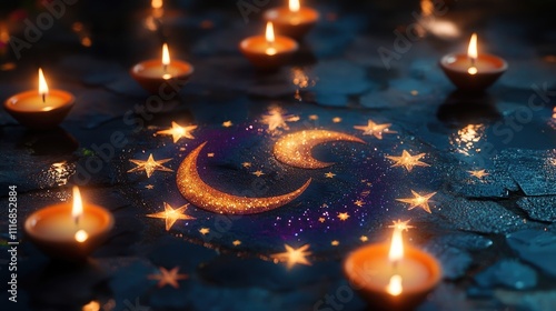 A captivating rangoli of stars and crescents using bright colors, surrounded by floating candles.