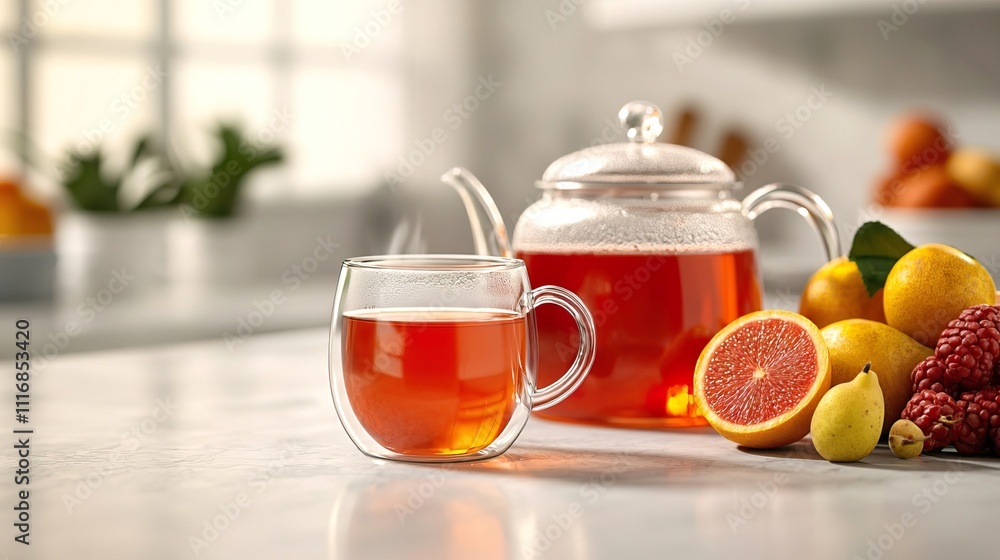 Collection hot drink tea cozy concept. Refreshing Hot Fruit Teas in a Bright Kitchen Setting Collection hot drink tea cozy concept. Refreshing Hot Fruit Teas in a Bright Kitchen Setting
