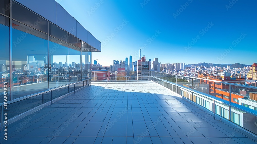 Modern Rooftop Terrace Overlooking a Vibrant City Skyline under a Clear Blue Sky Modern Rooftop Terrace Overlooking a Vibrant City Skyline under a Clear Blue Sky