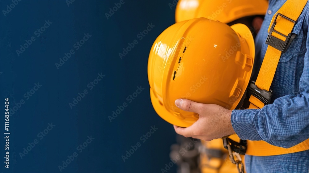 Construction workers project crew concept. Safety Harnesses and Helmets for Worksite Protection Construction workers project crew concept. Safety Harnesses and Helmets for Worksite Protection