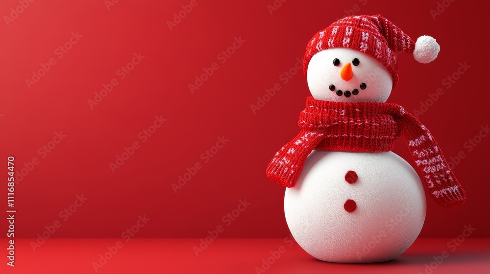 A cheerful snowman dons a red hat and scarf, standing proudly on a bright red surface, embodying the festive spirit of Christmas. A cheerful snowman dons a red hat and scarf, standing proudly on a bright red surface, embodying the festive spirit of Christmas.