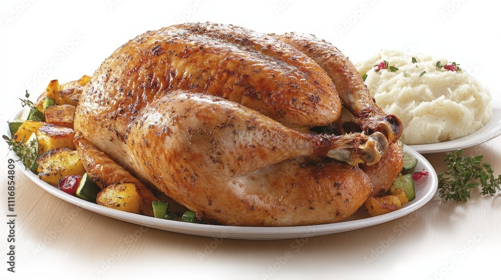 A roasted turkey served with vegetables and mashed potatoes on a platter. A roasted turkey served with vegetables and mashed potatoes on a platter.