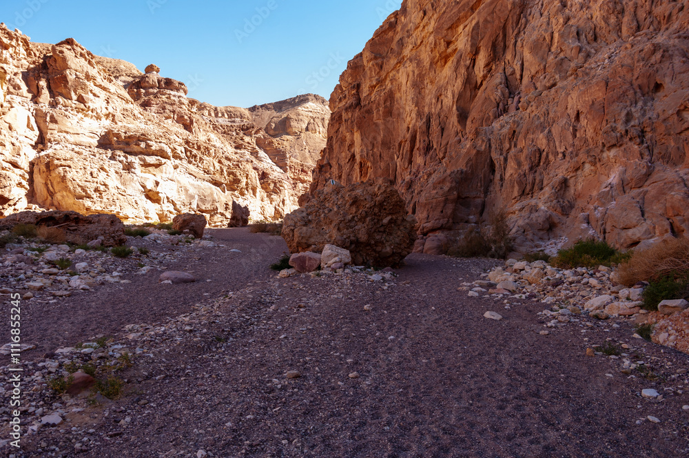 Obraz premium A rocky desert landscape with a large rock in the middle