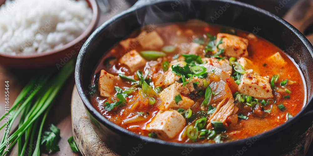 A vibrant Korean kimchi jjigae, with a spicy stew made of kimchi, tofu, pork belly, and green onions, served steaming hot in a traditional stone pot with a side of rice. The dish feels bold and hearty
