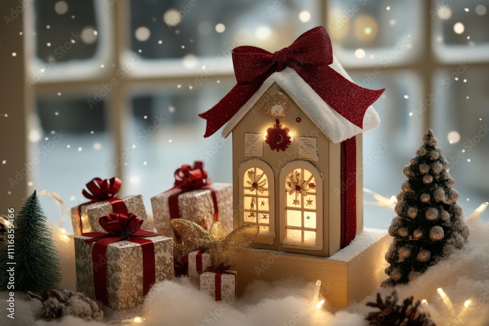 A cozy house adorned with a red bow and surrounded by presents, nestled in a blanket of snow, captures the essence of Christmas joy and warmth. A cozy house adorned with a red bow and surrounded by presents, nestled in a blanket of snow, captures the essence of Christmas joy and warmth.