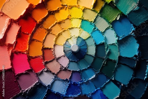 Oil paint tubes creating a color wheel with many different hues