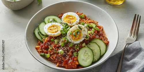 A vibrant Korean bibim guksu, with cold noodles tossed in a spicy and tangy sauce, garnished with boiled egg slices, cucumber, and sesame seeds, served on a white bowl. The dish feels refreshing and photo