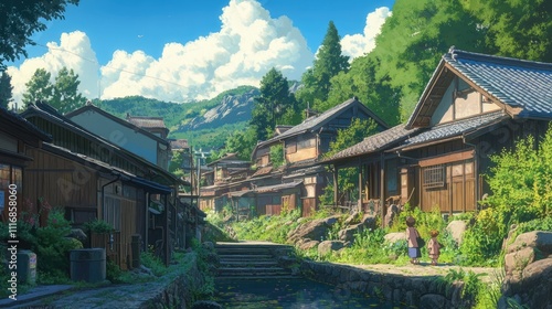 A serene village scene with traditional houses, lush greenery, and a tranquil stream under a bright sky.