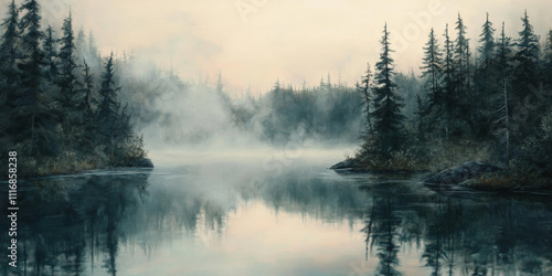 A serene lake in the early morning, surrounded by pine trees and covered in a thin layer of mist. The water reflects the soft hues of dawn, and the stillness creates an atmosphere of calm and