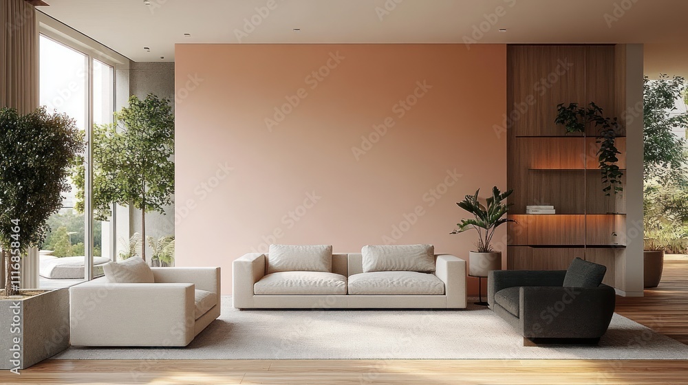 Modern Minimalist Interior Design 2025 Peach Wall Cozy Furniture Greenery Lighting Modern Minimalist Interior Design 2025 Peach Wall Cozy Furniture Greenery Lighting