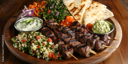 A colorful Mediterranean platter with grilled lamb skewers, tabbouleh salad, tzatziki, hummus, and warm pita bread, served on a large wooden plate. The meal looks vibrant and flavorful.