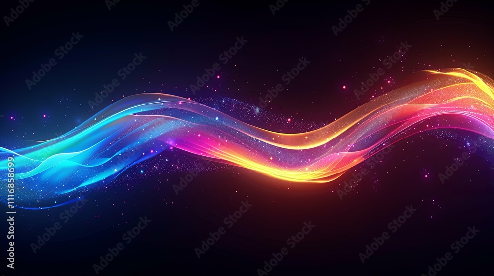 Obraz premium Glowing, vibrant wave of light with iridescent particles on a dark background.