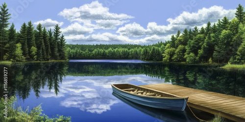 A serene lake surrounded by a dense pine forest. The water reflects the clear blue sky and fluffy white clouds above. A small wooden dock extends into the lake, with a rowboat tied to it, adding to
