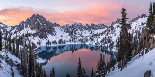 Majestic mountain range covered in snow, with a calm, reflective lake at the base. The lake's edge is surrounded by pine trees, and the sky above features soft pink and orange hues of sunset, creating