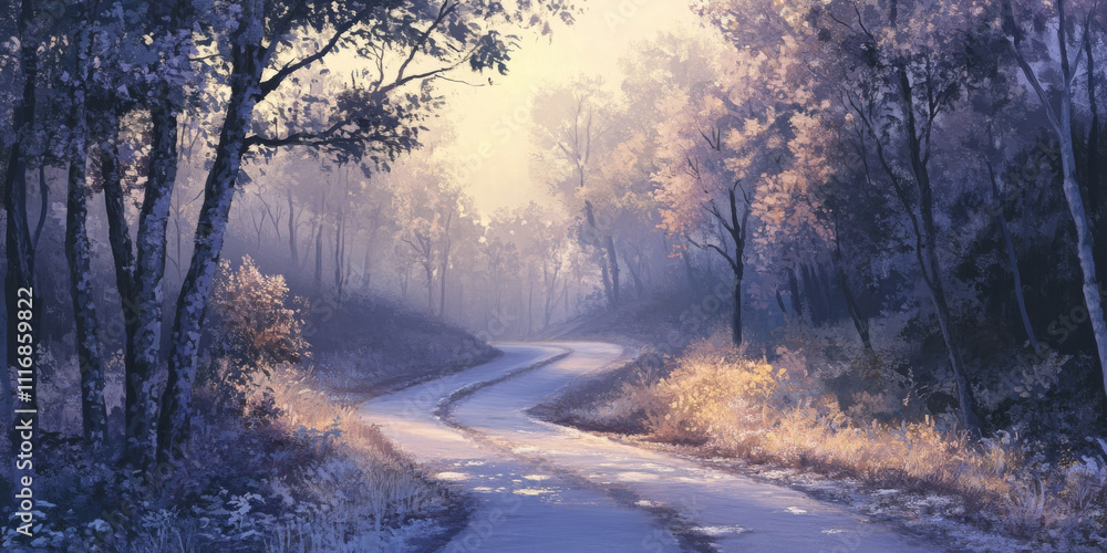 A quiet rural road meandering through a forest in the early morning. The trees on either side of the road are covered in dew, and the soft light of dawn shines through the mist, creating an ethereal A quiet rural road meandering through a forest in the early morning. The trees on either side of the road are covered in dew, and the soft light of dawn shines through the mist, creating an ethereal