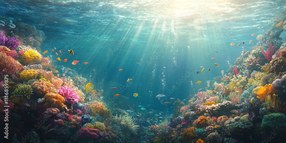 custom made wallpaper toronto digitalA vibrant coral reef beneath the ocean, teeming with colorful fish, sea anemones, and corals of various shapes. The sunlight filters through the clear water, creating a mesmerizing underwater
