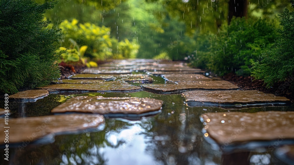 Fototapeta premium Rainy Day Stone Path in Lush Garden