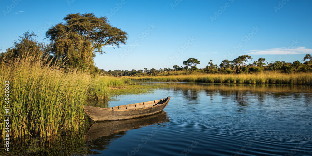 Obraz premium A peaceful riverbank surrounded by wild grasses, reeds, and tall trees. The water is calm, reflecting the clear blue sky above, and a small wooden boat is tied to the shore, ready to drift into the