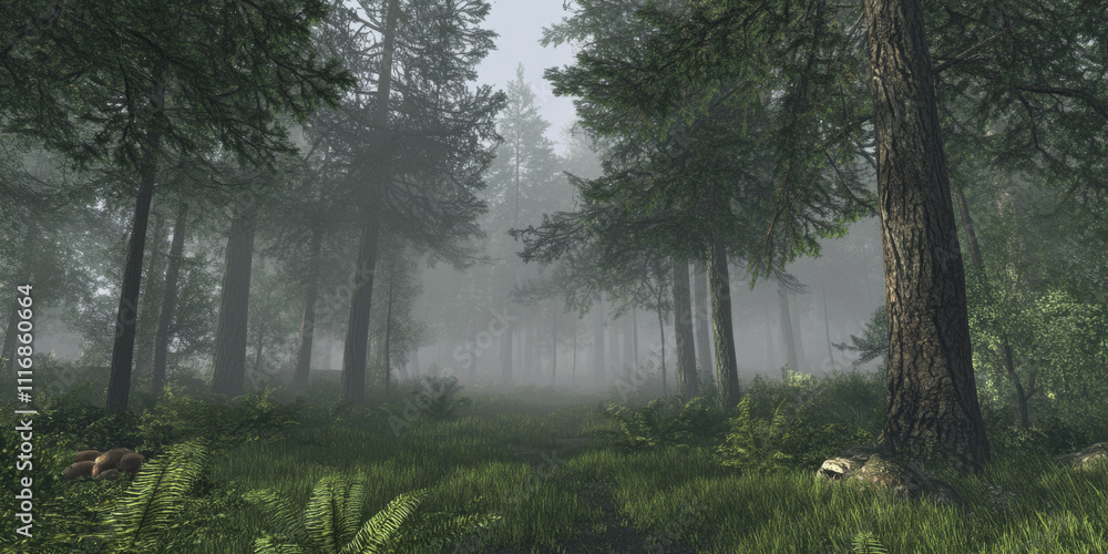 Obraz premium A misty morning in a dense forest, where fog lingers among the tall trees. The ground is covered with thick ferns and mushrooms, and the quiet is broken only by the occasional rustling of leaves.