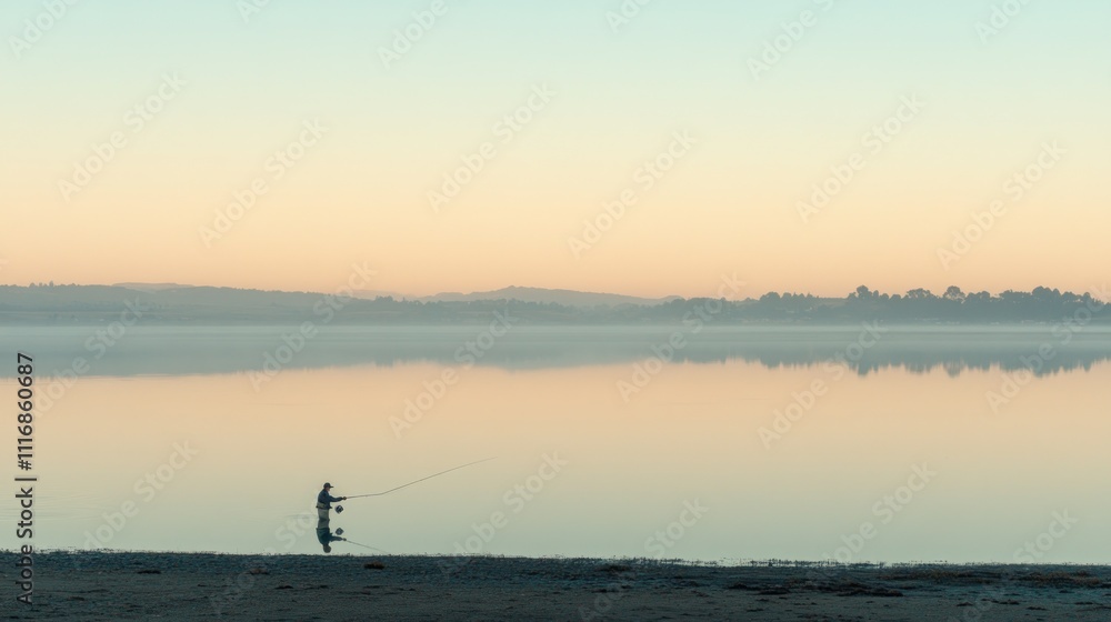Fototapeta premium A serene early morning scene of a lone fisherman casting a line into a calm lake.