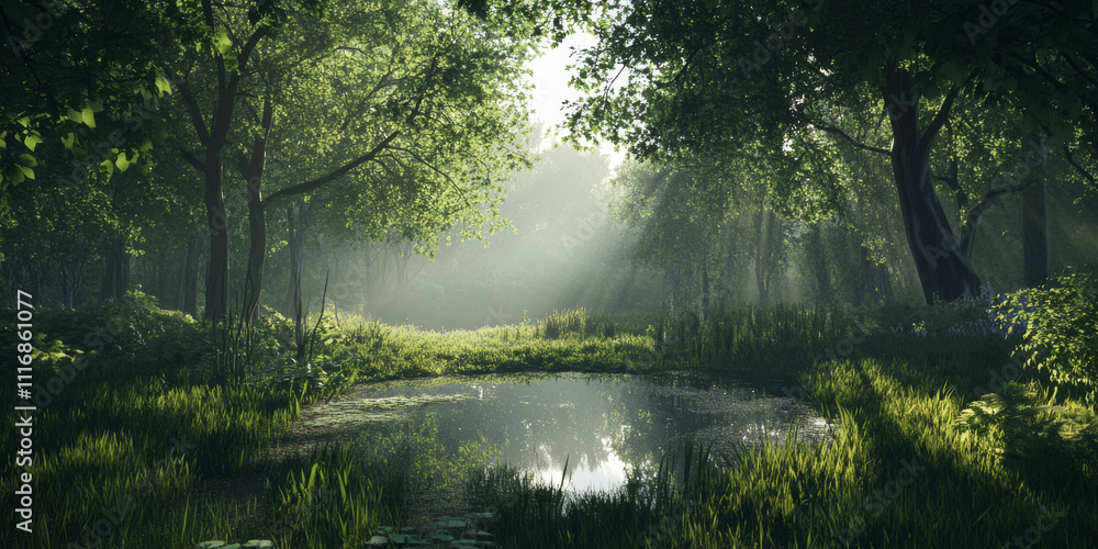A tranquil woodland glade surrounded by dense trees. A small pond in the center reflects the greenery, and soft sunlight filters through the leaves, creating a serene and magical atmosphere. A tranquil woodland glade surrounded by dense trees. A small pond in the center reflects the greenery, and soft sunlight filters through the leaves, creating a serene and magical atmosphere.