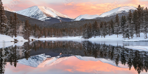Majestic mountain range covered in snow, with a calm, reflective lake at the base. The lake's edge is surrounded by pine trees, and the sky above features soft pink and orange hues of sunset, creating
