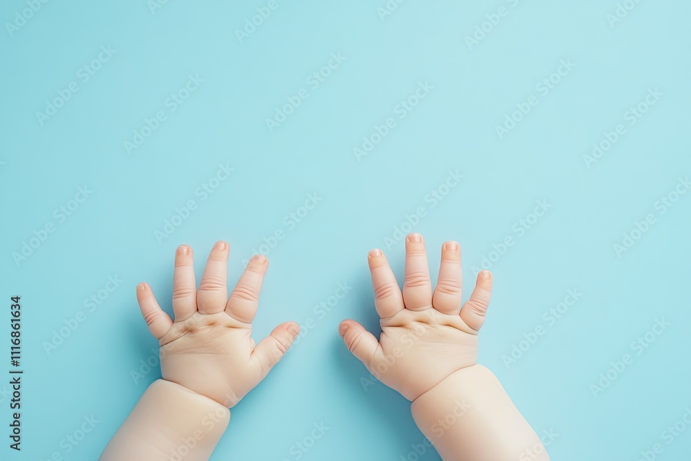 Baby boy hands on light blue table background. Pastel color. Closeup. Point of view shot. Baby boy hands on light blue table background. Pastel color. Closeup. Point of view shot.