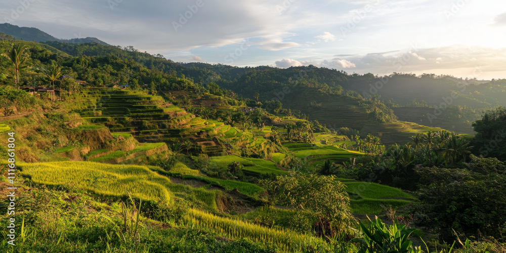 Fototapeta premium A quiet rice field at sunrise, with terraces cascading down a hillside. The golden light of dawn highlights the lush green fields.