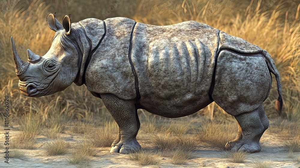 Fototapeta premium A large Indian rhinoceros stands in tall grass.