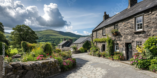 Wallpaper Mural A picturesque village nestled in rolling green hills. The cobblestone streets wind through quaint cottages with flower-filled gardens under a bright summer sky. Torontodigital.ca