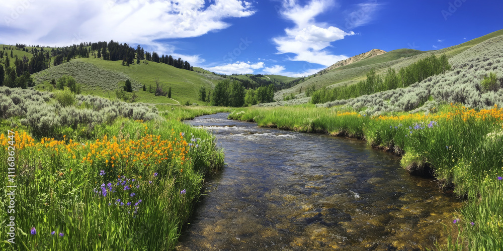 Obraz premium A peaceful mountain valley with a clear river flowing through it. The surrounding hills are covered in vibrant green grass and wildflowers.