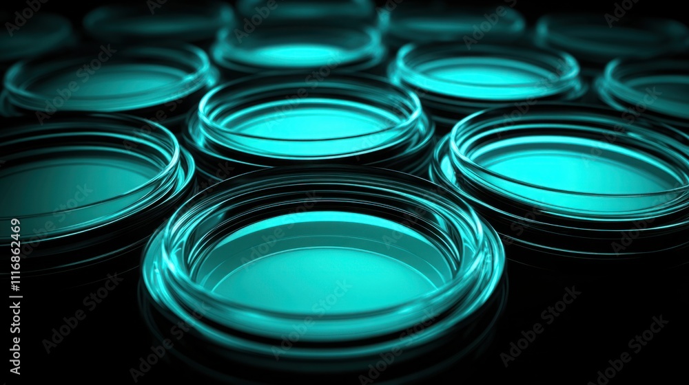 Abstract close-up of illuminated glass jars arranged in a pattern on a dark background, showcasing vibrant turquoise colors and modern design aesthetics Abstract close-up of illuminated glass jars arranged in a pattern on a dark background, showcasing vibrant turquoise colors and modern design aesthetics