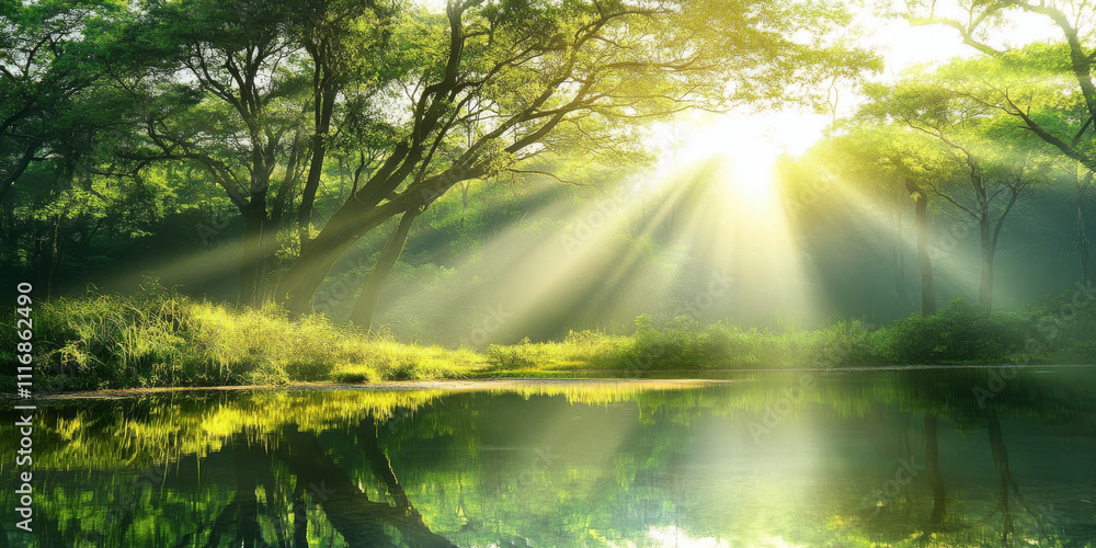 A serene forest clearing with a small pond reflecting the surrounding trees. Sunlight filters through the branches, creating a peaceful atmosphere. A serene forest clearing with a small pond reflecting the surrounding trees. Sunlight filters through the branches, creating a peaceful atmosphere.
