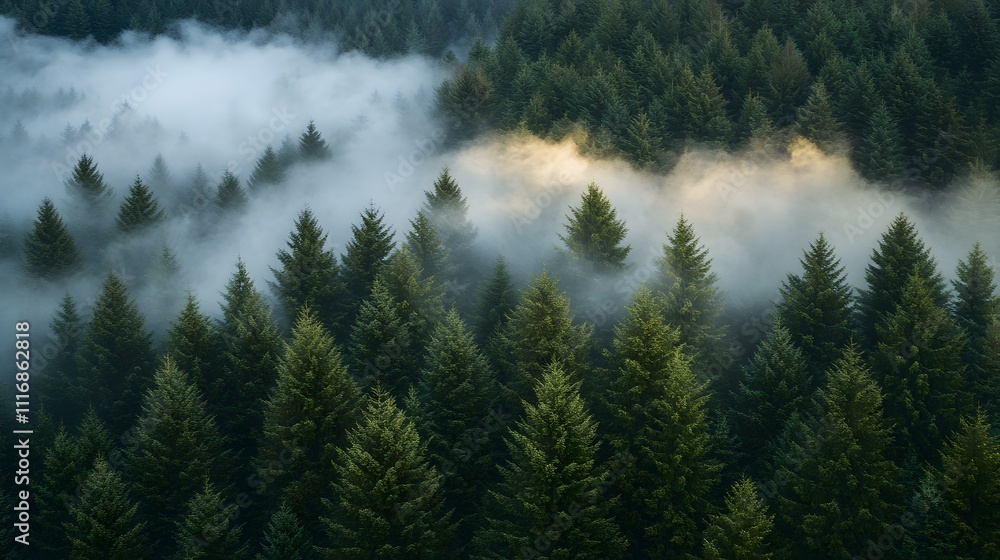 Aerial view of a dense forest shrouded in mist, showcasing natural beauty and tranquility. Aerial view of a dense forest shrouded in mist, showcasing natural beauty and tranquility.