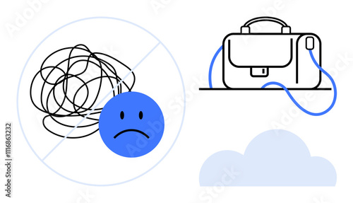 Tangled scribble with sad face crossed out, briefcase and cloud icon, indicating confusion to organization. Ideal for stress management, emotional health, productivity tips, workflow organization