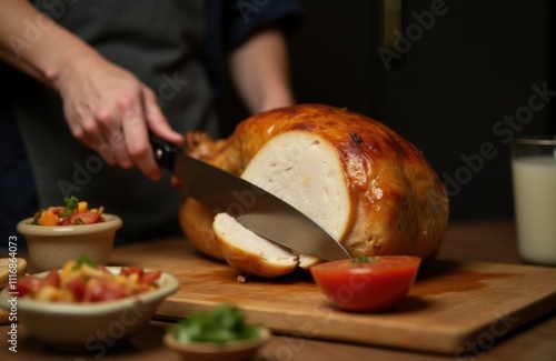 Skilled Chef Carves Succulent Roasted Turkey on Rustic Wooden Cutting Board. Festive Holiday Dinner Preparation in Cozy Kitchen with Fresh Ingredients and Aromatic Atmosphere