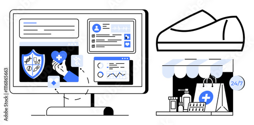 Computer screen displaying health information, hand holding a medical cross, online pharmacy 24 7 services with medical products and pill bottle. Ideal for telemedicine, healthcare, medical apps