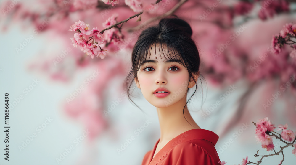 Fototapeta premium young woman with dark hair poses gracefully in front of blooming cherry blossoms, wearing red outfit. scene evokes sense of tranquility and beauty.