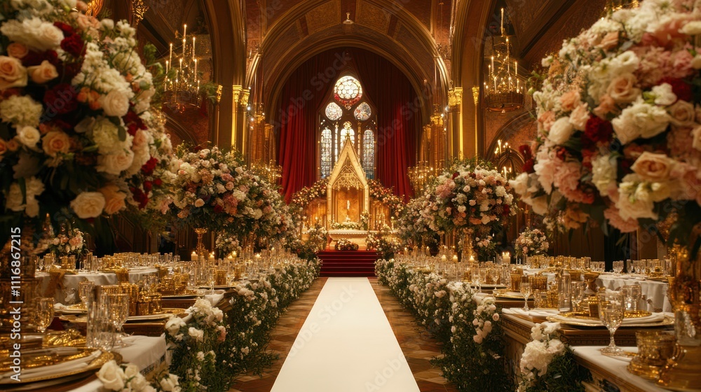 Elegant wedding venue adorned with floral arrangements and decor. Elegant wedding venue adorned with floral arrangements and decor.