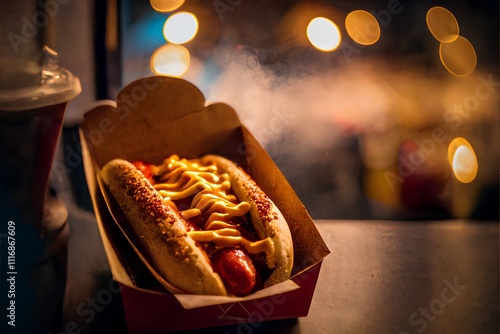 Hot dog with mustard and ketchup in a paper box on a dark background photo